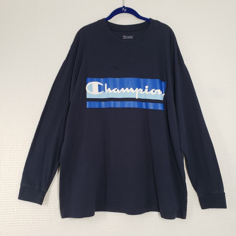 Champion Shirt Mens 2XL Blue Long Sleeve Crew Neck Logo Graphic Casual Spellout